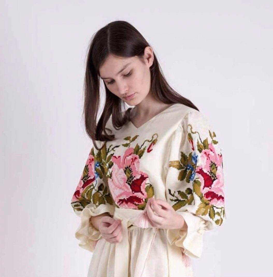 Ukrainian Embroidered Linen Vyshyvanka Dress - Boho Style Kaftan Abaya