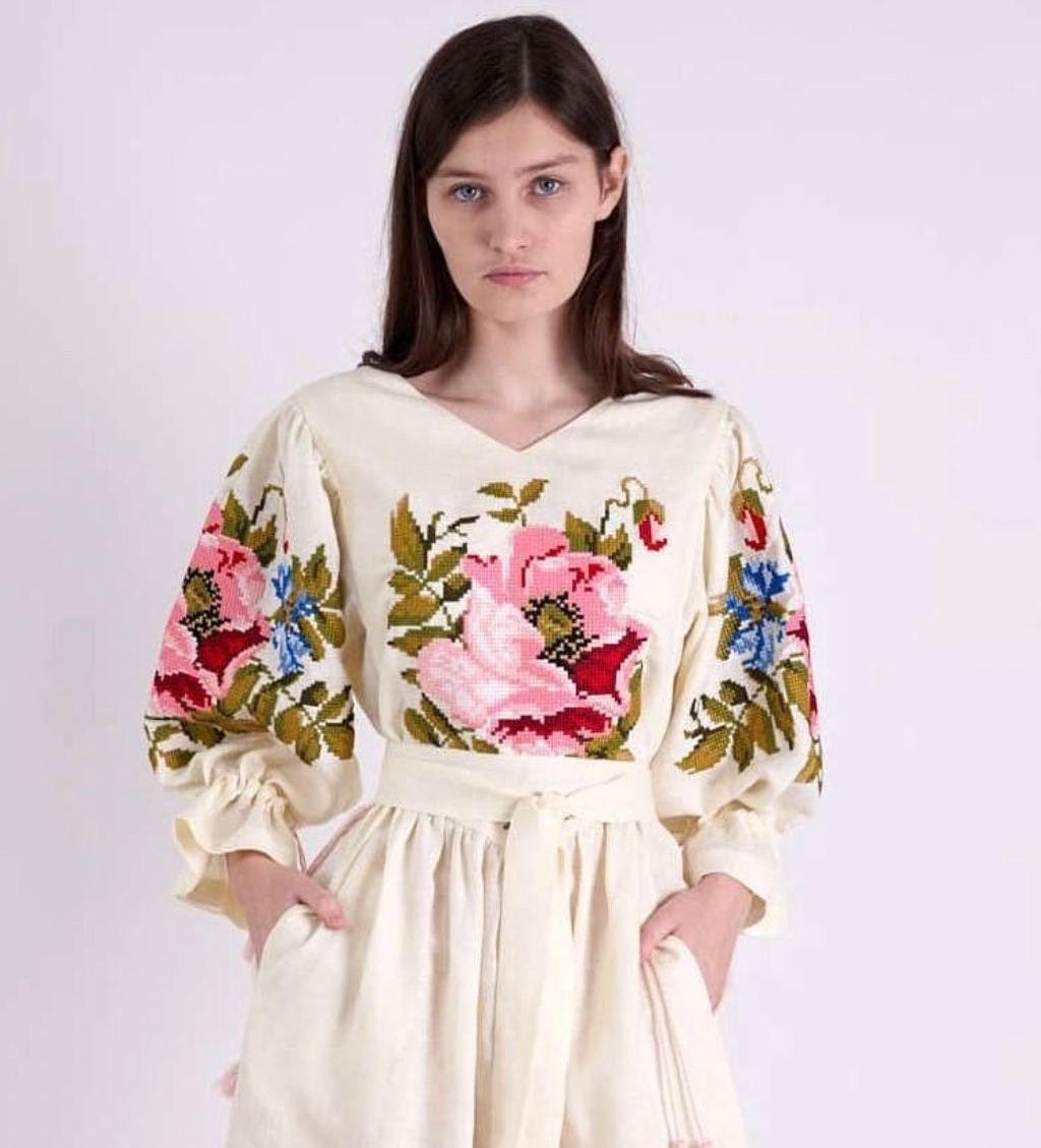 Ukrainian Embroidered Linen Vyshyvanka Dress - Boho Style Kaftan Abaya