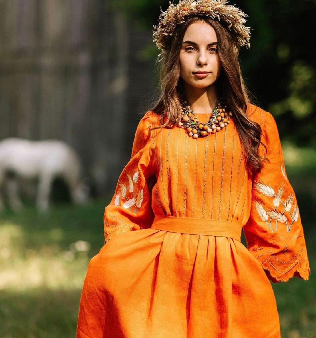 Orange Linen Embroidered Ukrainian Vyshyvanka Caftan Dress - Boho Style