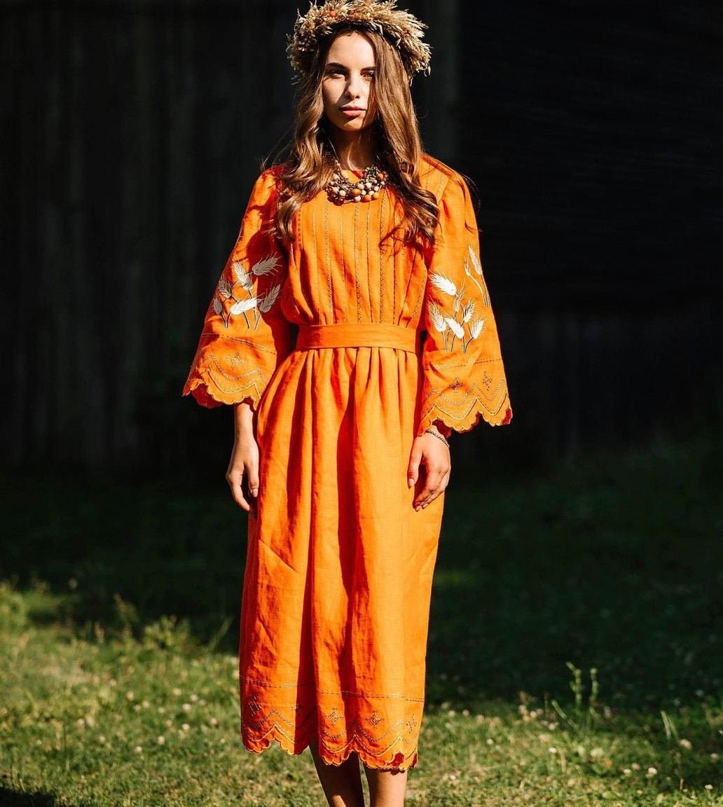 Orange Linen Embroidered Ukrainian Vyshyvanka Caftan Dress - Boho Style