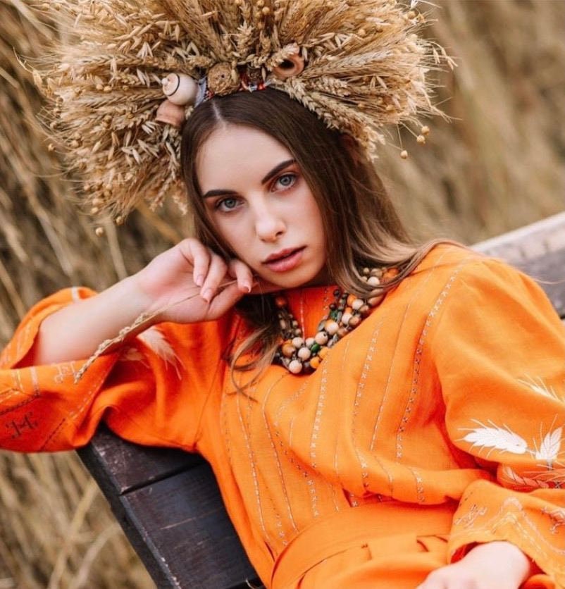 Orange Linen Embroidered Ukrainian Vyshyvanka Caftan Dress - Boho Style