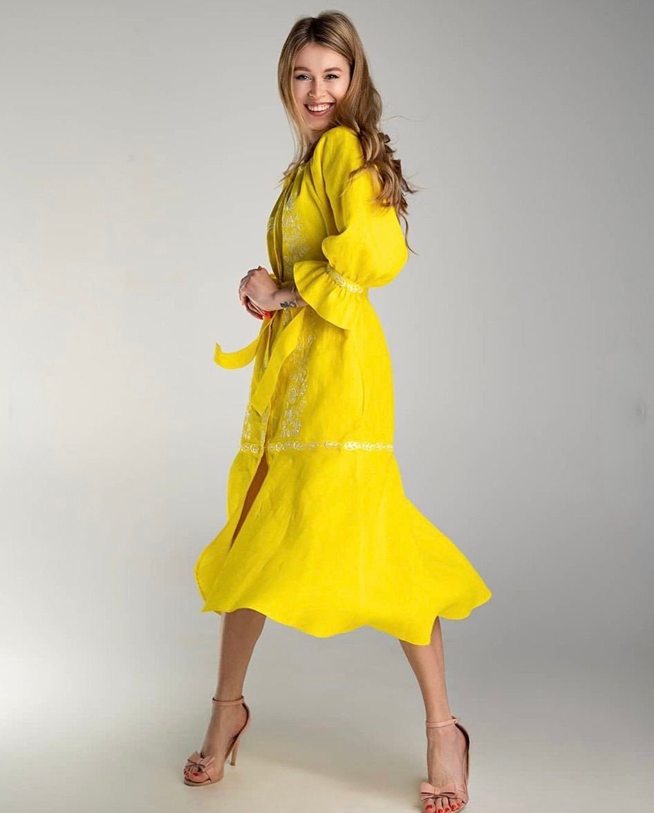 Linen Embroidered Ukrainian Vyshyvanka Dress - Boho Caftan Style