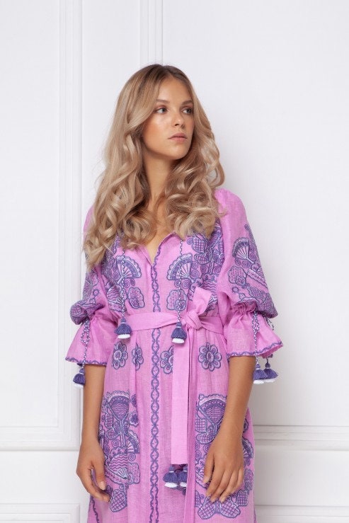 Pink Ukrainian Embroidered Linen Boho Dress for Women