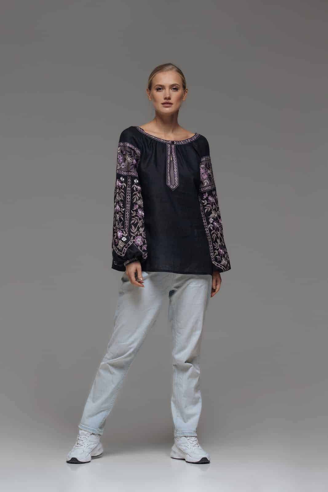 Black Linen Embroidered Ukrainian Vyshyvanka Blouse for Women