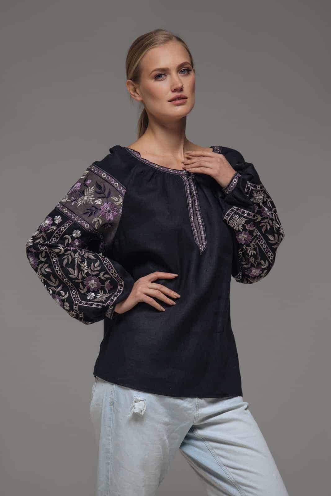 Black Linen Embroidered Ukrainian Vyshyvanka Blouse for Women