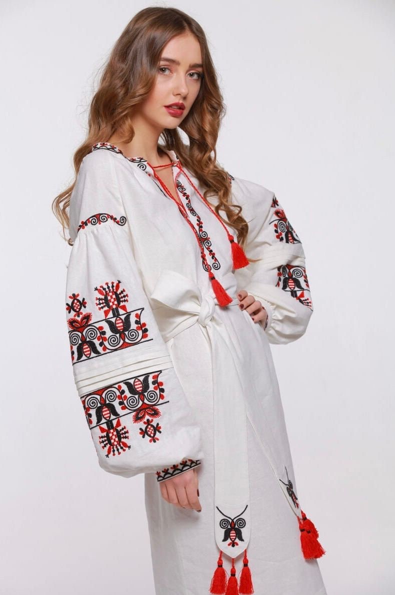 White Embroidered Ukrainian Vyshyvanka Dress - Boho Linen Wedding & Folk Style