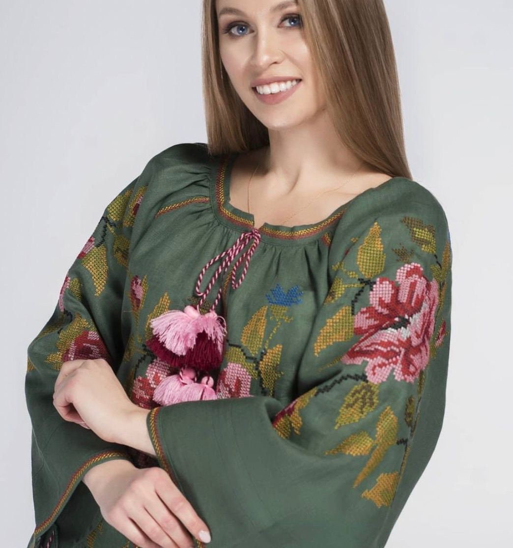 Green Long Sleeve Embroidered Blouse - Elegant Ukrainian Linen for Women