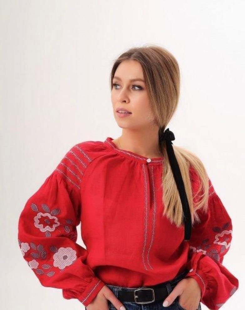 Red Ukrainian Linen Vyshyvanka Blouse with Floral Embroidery - Elegant Long Sleeve Women's Top