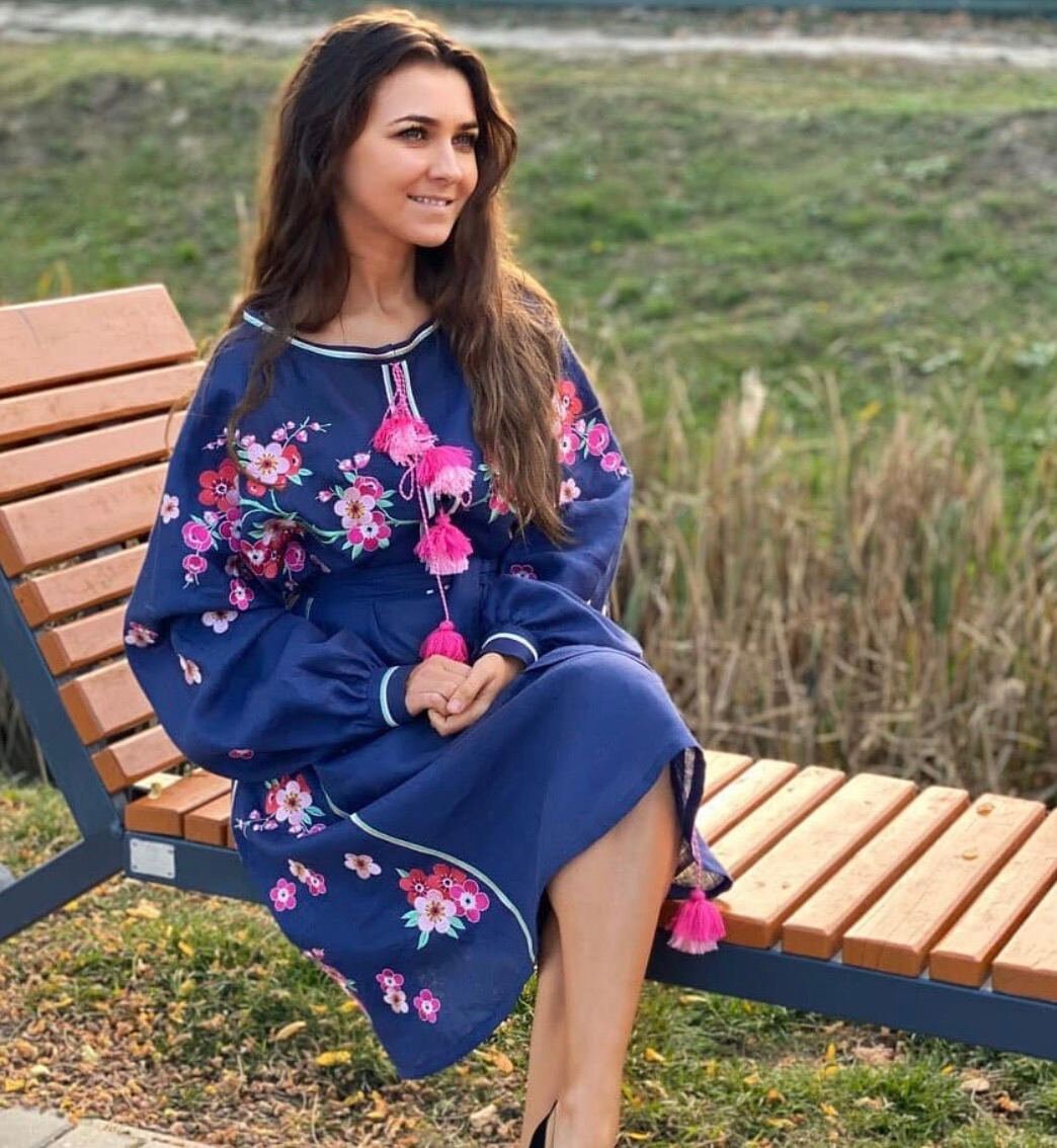 Blue Dress With Red Embroidery, Ukrainian Embroidered Dress, Blue Linen Dress, Women's Dress with Long Sleeve, Ukrainian Traditional Dress