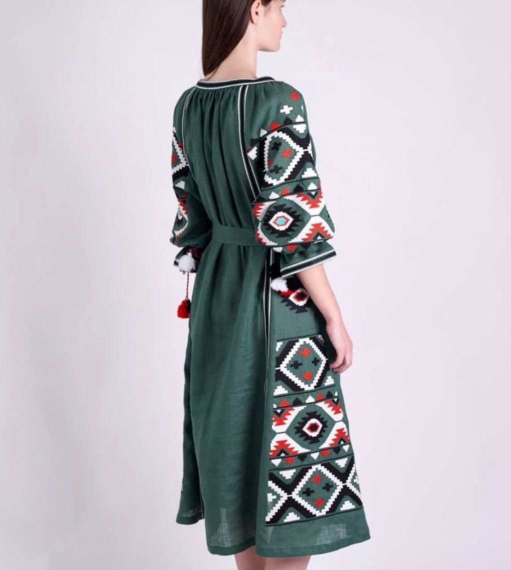 Ukrainian vyshyvanka green dress with multicolor geometric embroidery linen Ethnic boho dress tunic Bohemian abaya kaftan robe Vita Kin
