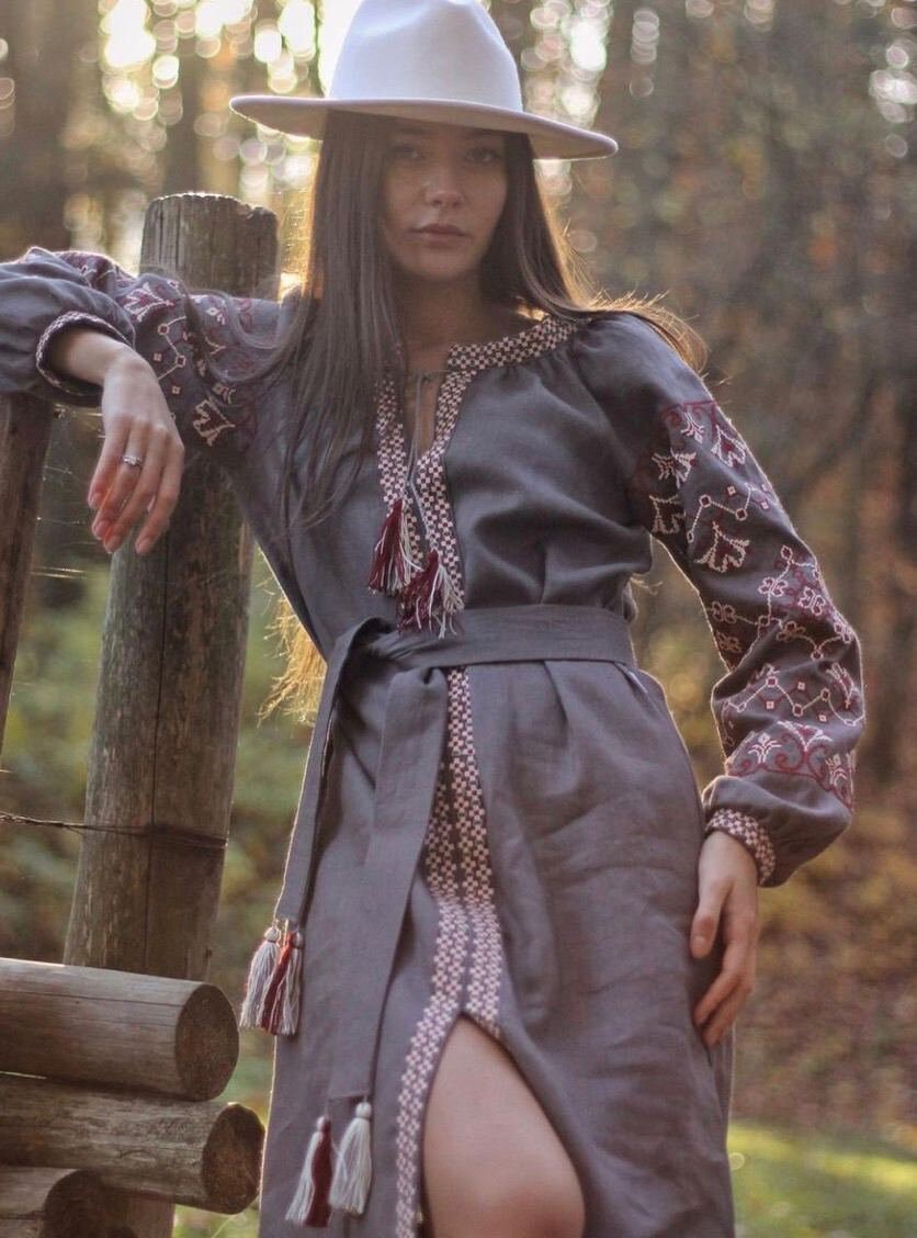 Gray Ukrainian Vyshyvanka Dress - Embroidered Women's Fashion
