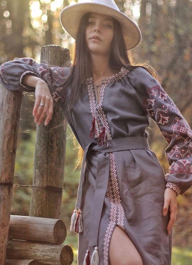 Gray Ukrainian Vyshyvanka Dress - Embroidered Women's Fashion