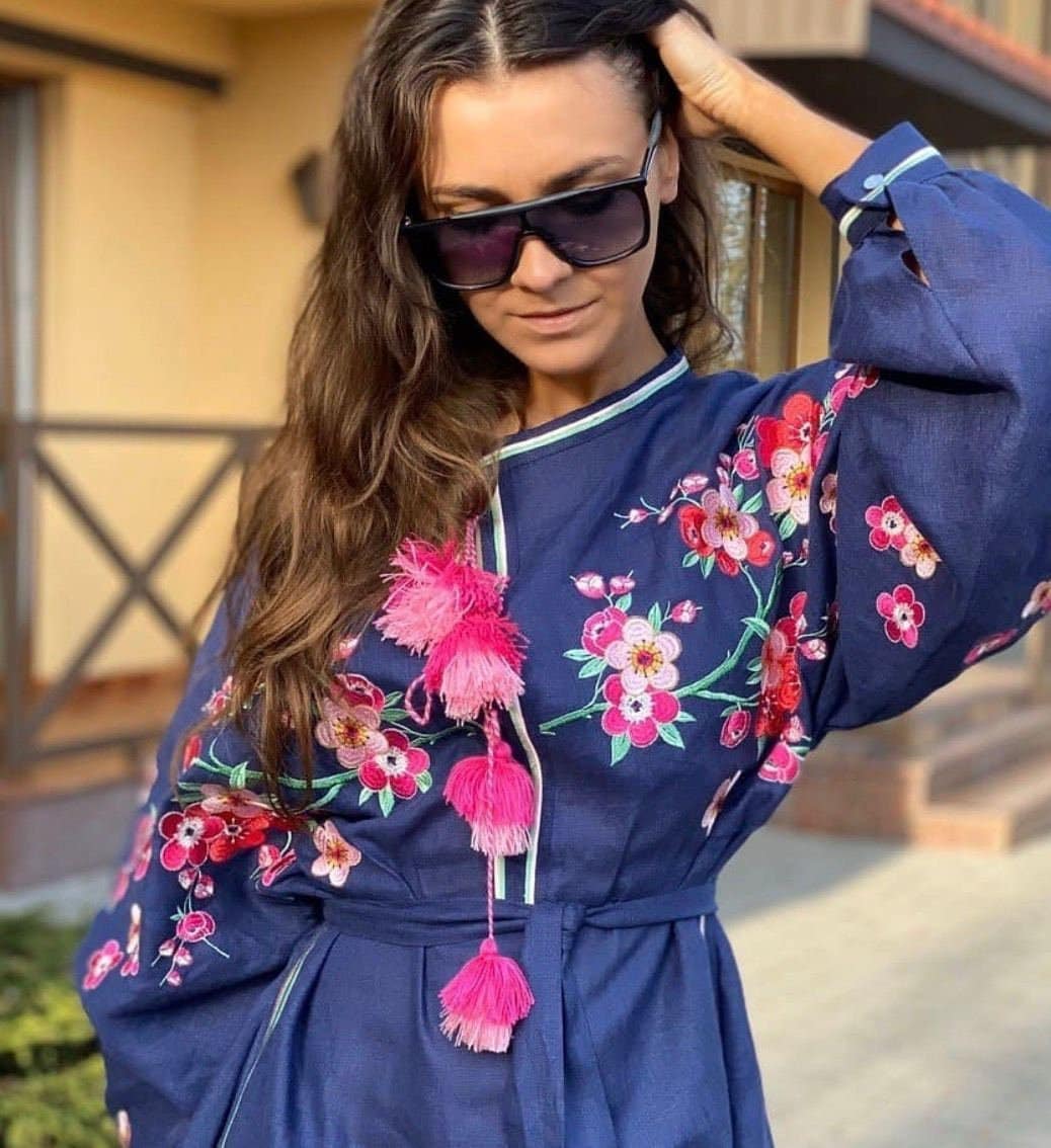 Blue Dress With Red Embroidery, Ukrainian Embroidered Dress, Blue Linen Dress, Women's Dress with Long Sleeve, Ukrainian Traditional Dress
