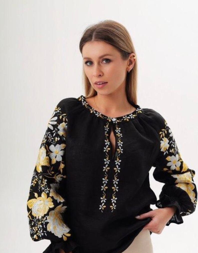 Black Ukrainian Vyshyvanka Blouse - Embroidered Women's Shirt