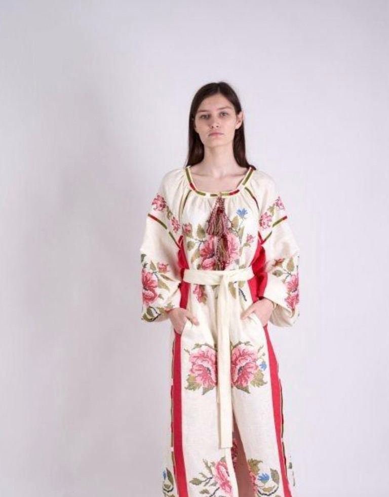 Ukrainian Vyshyvanka Linen Embroidered Kaftan Dress - Boho Style