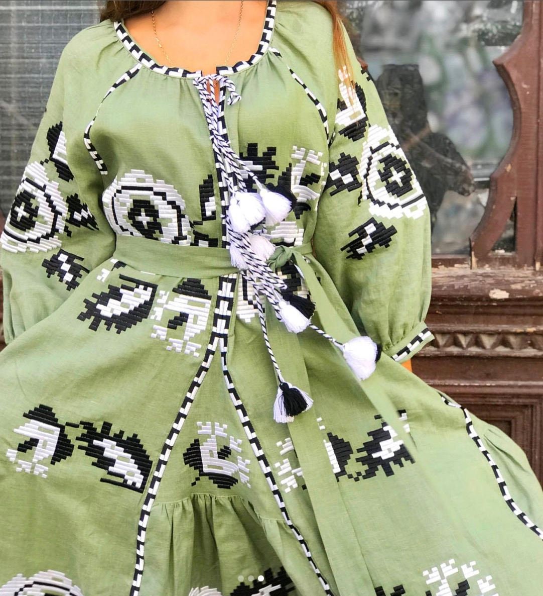 Green Linen Embroidered Ukrainian Vyshyvanka Kaftan Dress - Boho Style