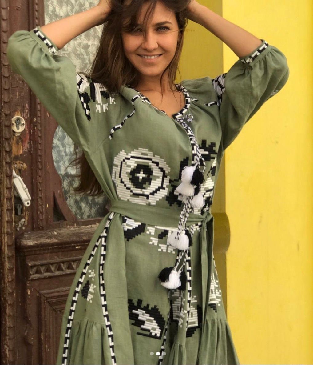 Green Linen Embroidered Ukrainian Vyshyvanka Kaftan Dress - Boho Style