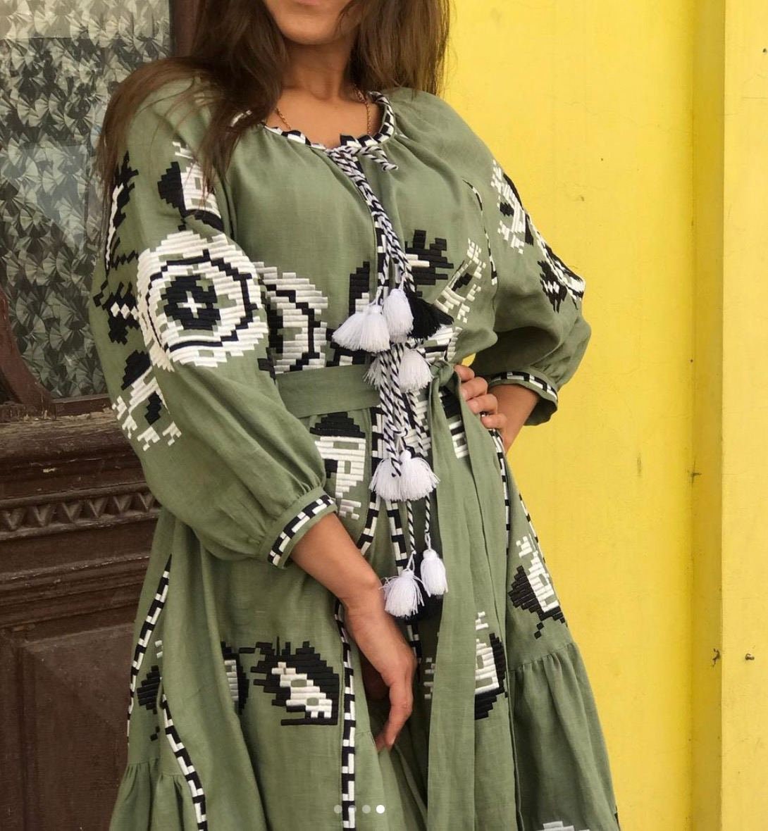 Green Linen Embroidered Ukrainian Vyshyvanka Kaftan Dress - Boho Style