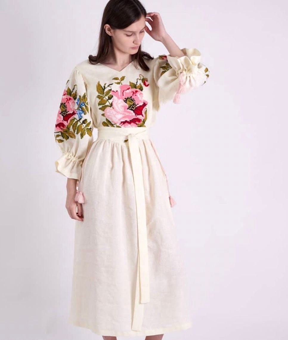 Ukrainian Embroidered Linen Vyshyvanka Dress - Boho Style Kaftan Abaya