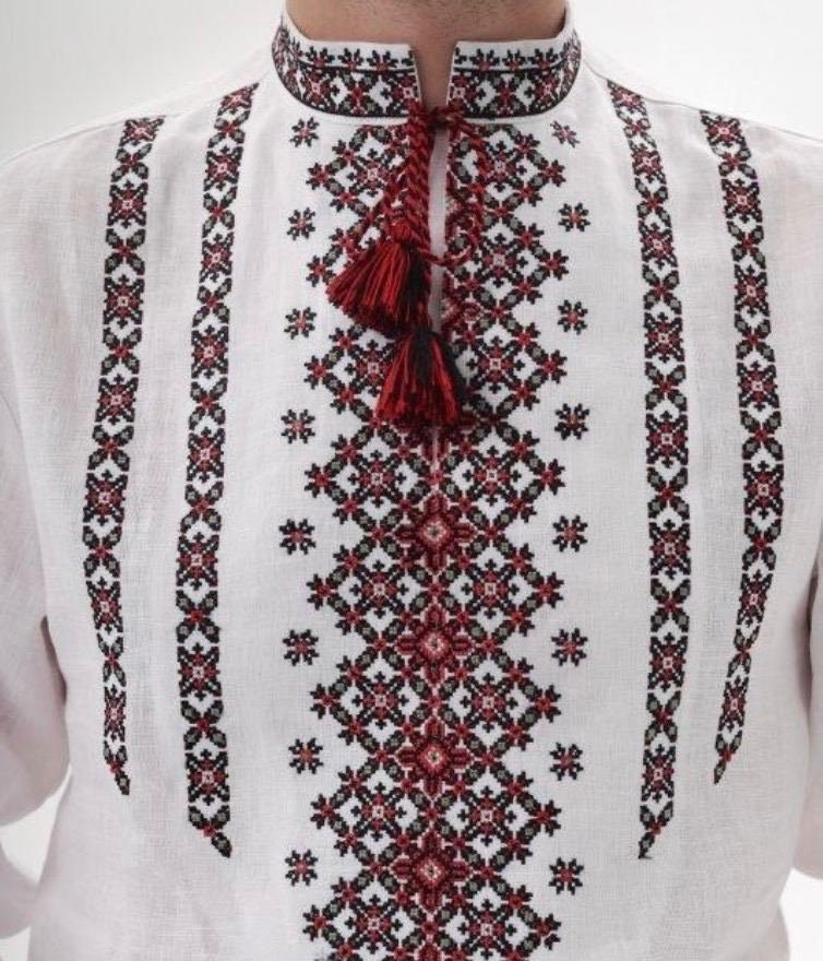 White Linen Vyshyvanka Shirt for Men - Embroidered Ukrainian Traditional Wear