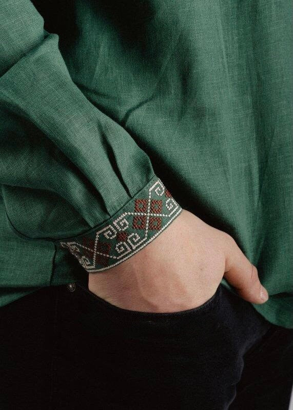 2025 Green Linen Vyshyvanka Shirt for Men - Embroidered Ukrainian Traditional Shirt