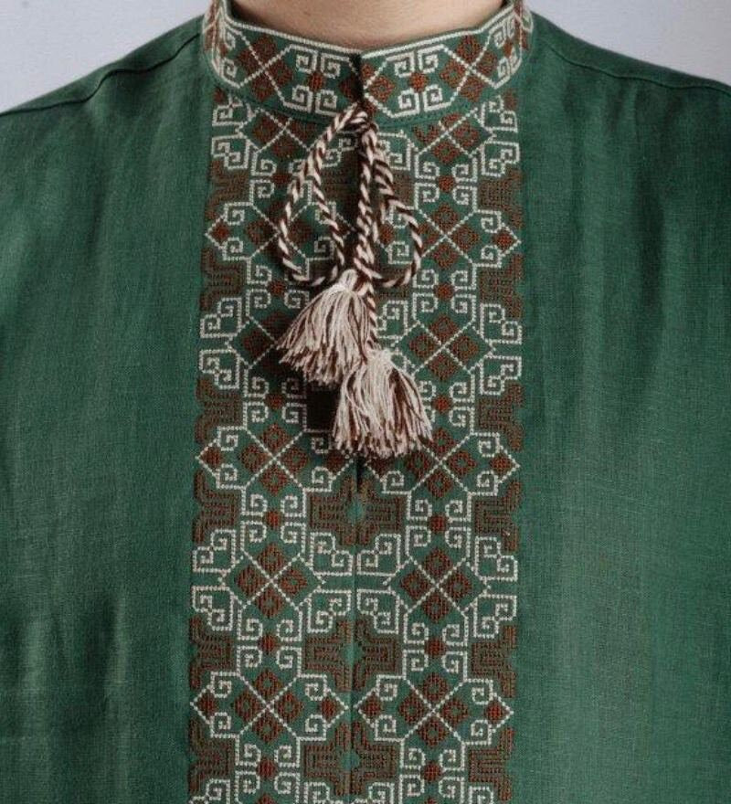 2025 Green Linen Vyshyvanka Shirt for Men - Embroidered Ukrainian Traditional Shirt