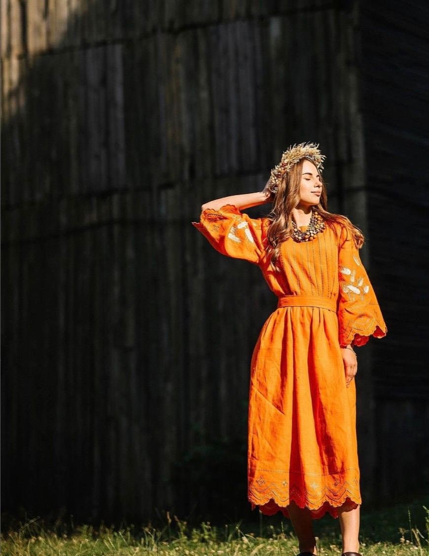 Orange Linen Embroidered Ukrainian Vyshyvanka Caftan Dress - Boho Style