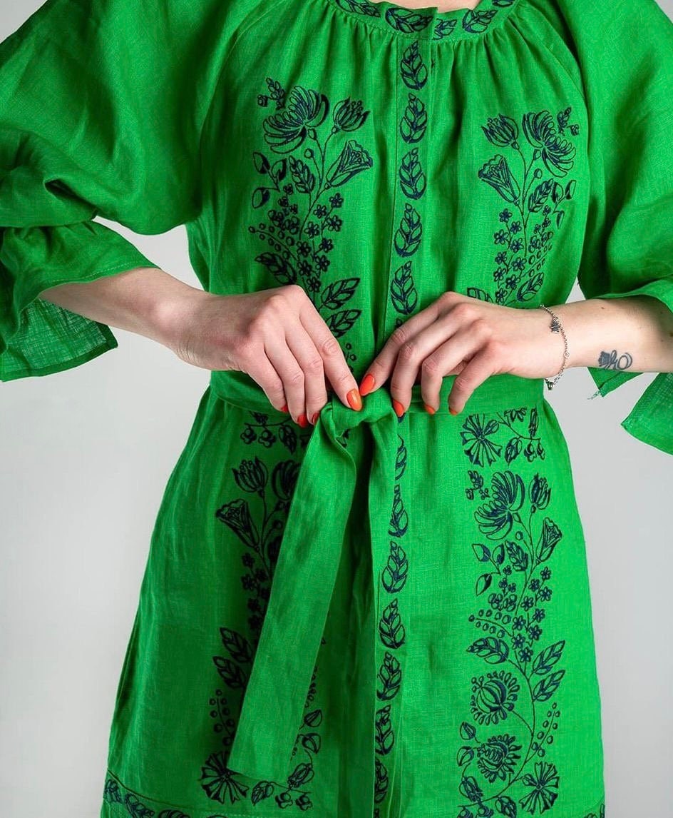 Linen Embroidered Ukrainian Vyshyvanka Dress - Boho Caftan Style