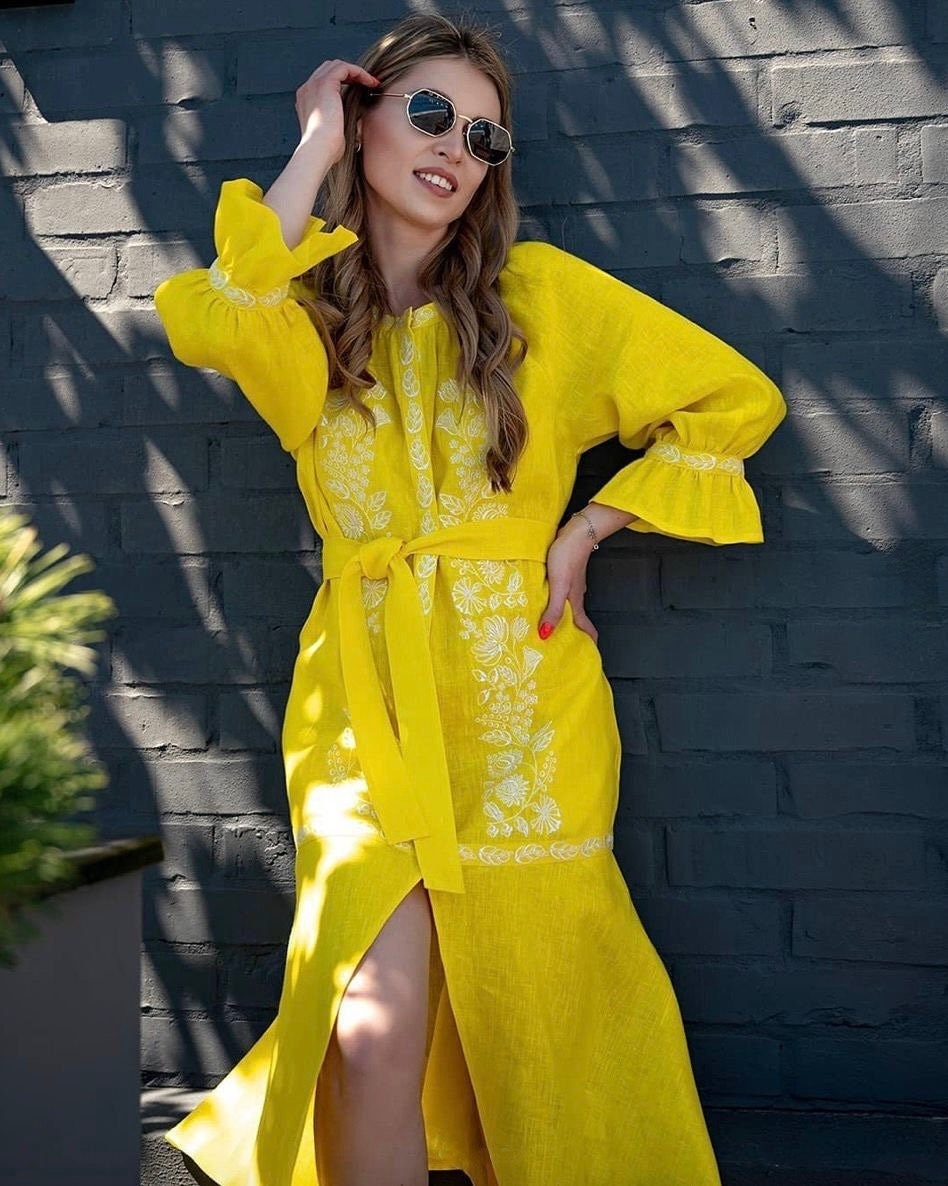 Linen Embroidered Ukrainian Vyshyvanka Dress - Boho Caftan Style