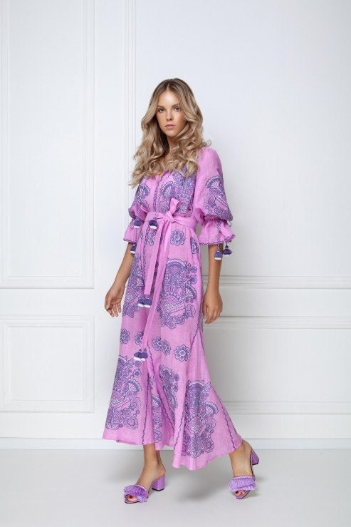 Pink Ukrainian Embroidered Linen Boho Dress for Women