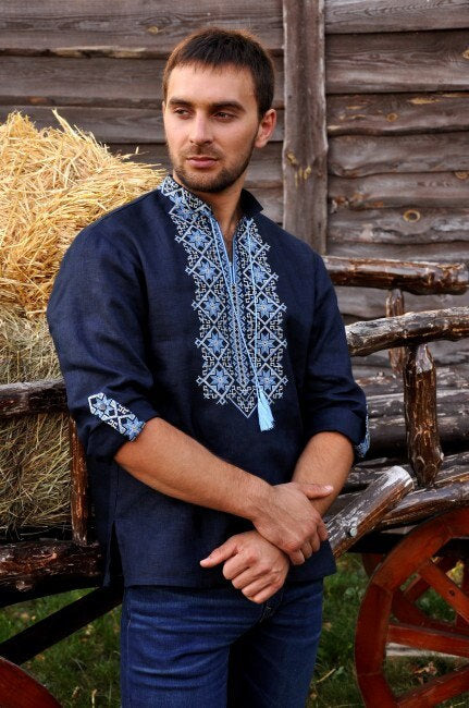 Men's Ukrainian Vyshyvanka Blue Shirt with Geometric Embroidery