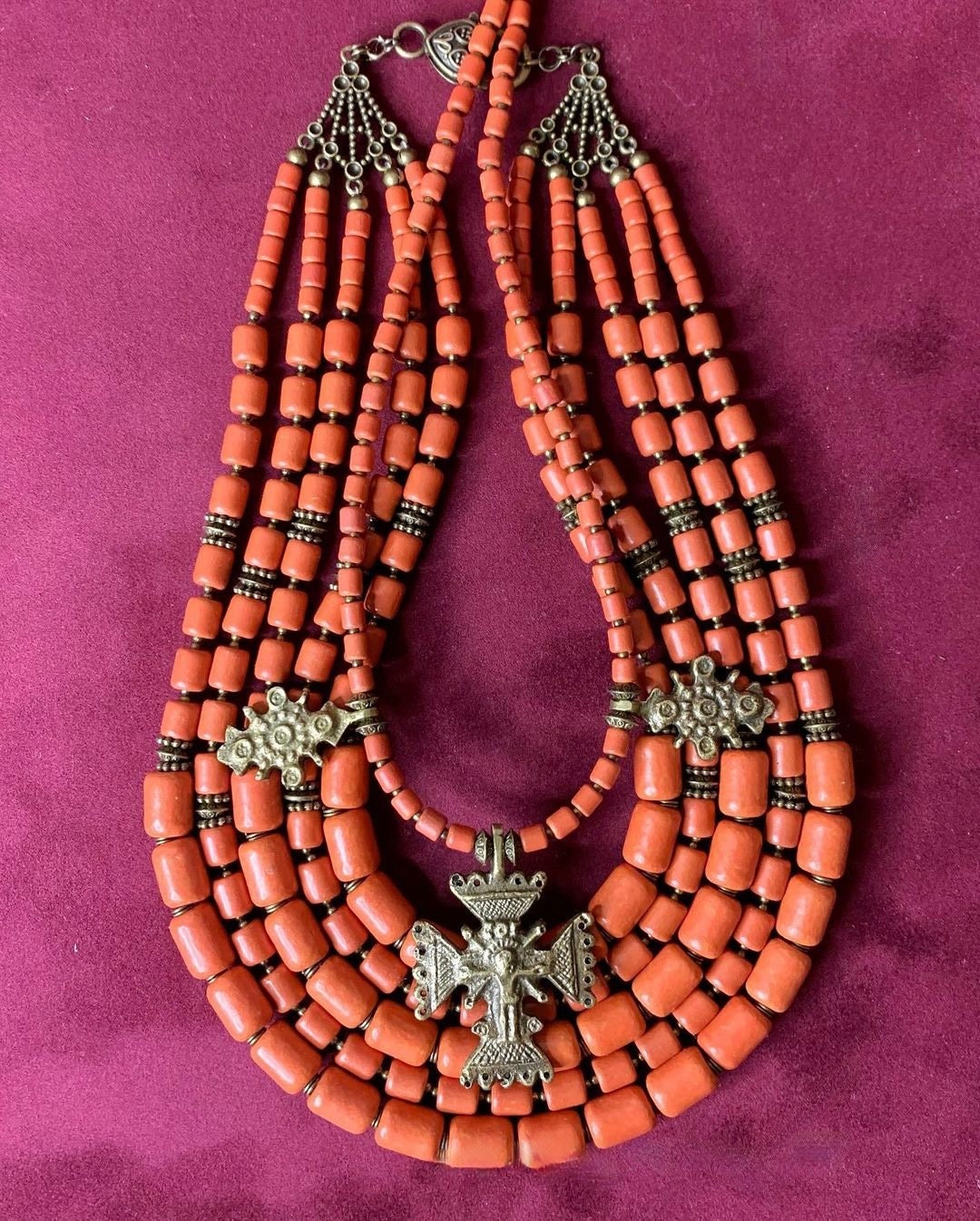 Red Ukrainian Traditional Necklace – Ethnic Ceramic Jewelry with Antique Fireplace Beads and Cross