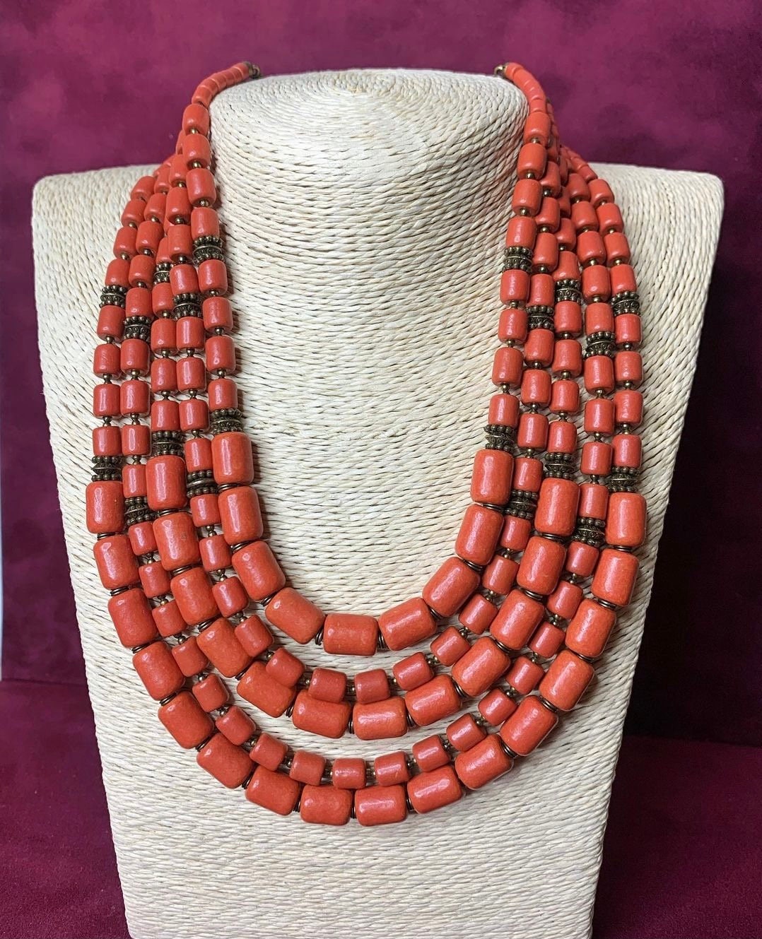 Red Ukrainian Traditional Necklace – Ethnic Ceramic Jewelry with Antique Fireplace Beads and Cross