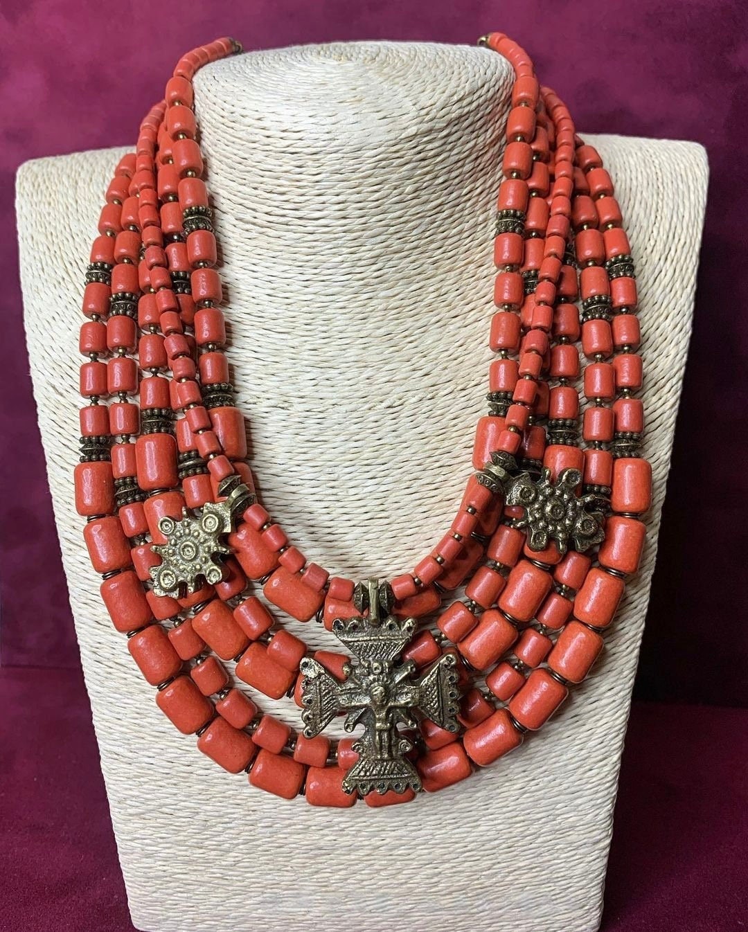 Ukrainian Traditional Ceramic Necklace with Antique Fireplace Beads and Cross
