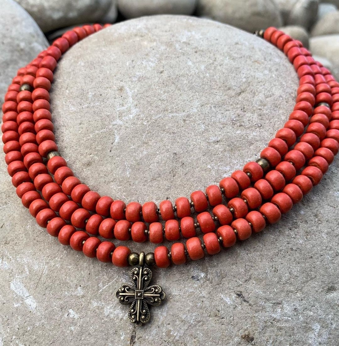 Ukrainian Traditional Cross Necklace with Antique Fireplace Beads - Ethnic Ceramic Jewelry