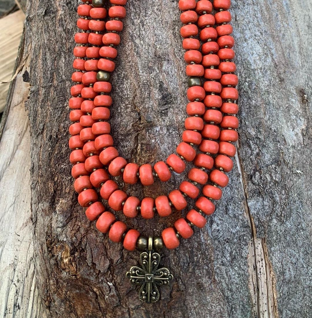 Ukrainian Traditional Cross Necklace with Antique Fireplace Beads - Ethnic Ceramic Jewelry