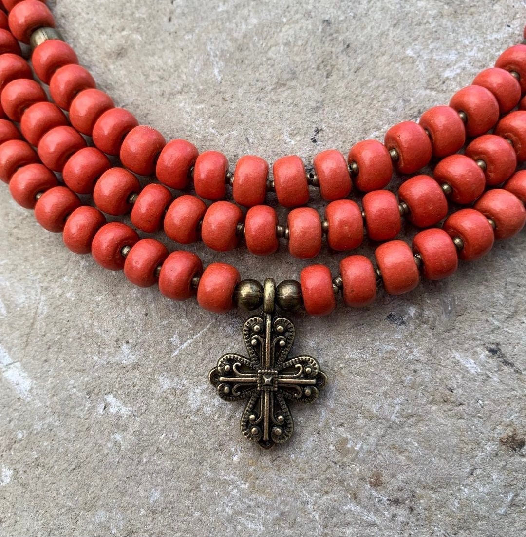 Ukrainian Traditional Cross Necklace with Antique Fireplace Beads - Ethnic Ceramic Jewelry
