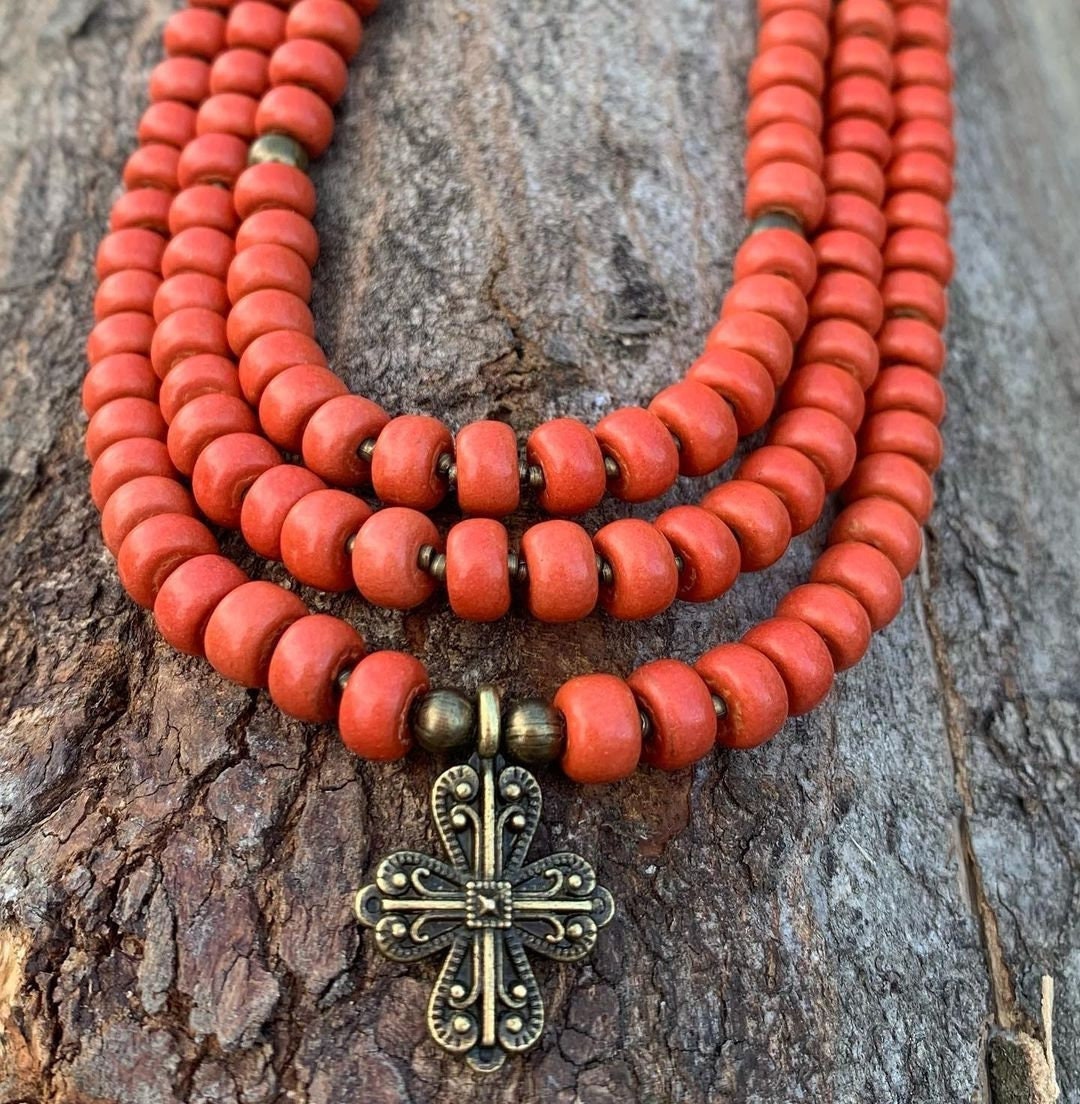 Ukrainian Traditional Cross Necklace with Antique Fireplace Beads - Ethnic Ceramic Jewelry