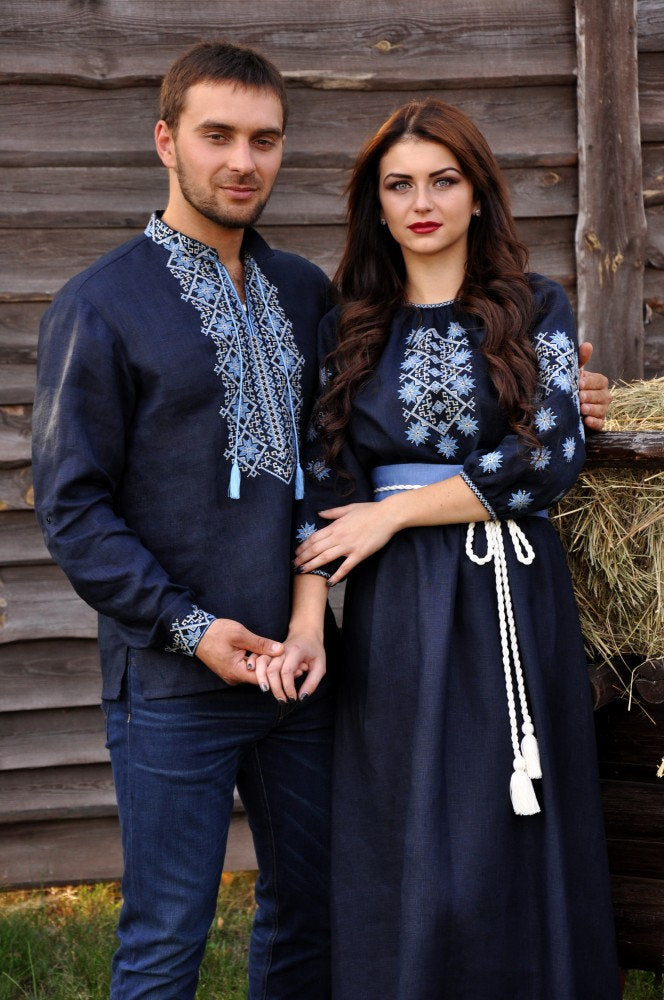 Men's Ukrainian Vyshyvanka Blue Shirt with Geometric Embroidery