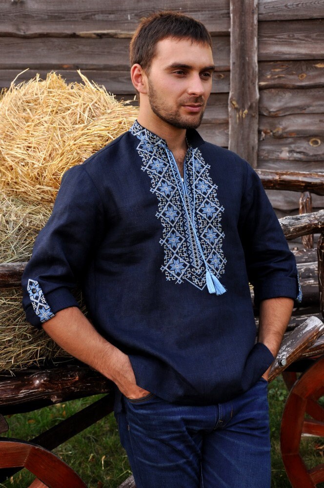 Men's Ukrainian Vyshyvanka Blue Shirt with Geometric Embroidery