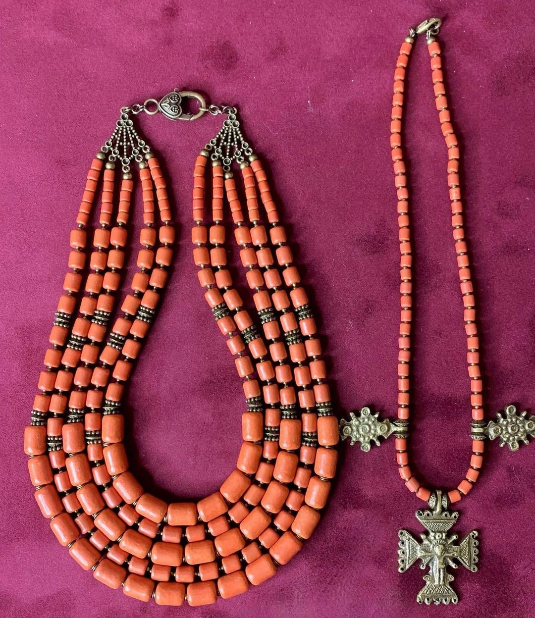 Red Ukrainian Traditional Necklace – Ethnic Ceramic Jewelry with Antique Fireplace Beads and Cross