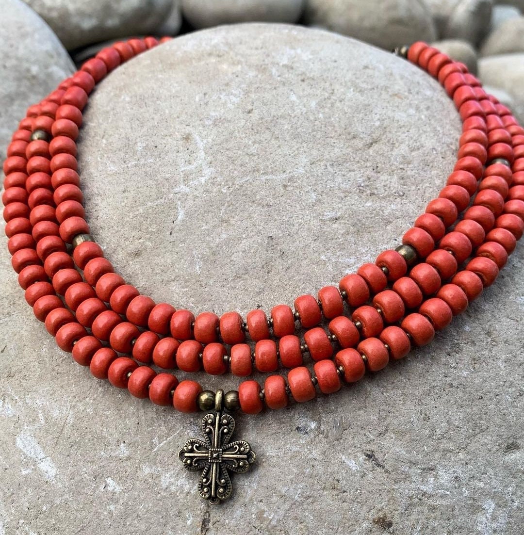Ukrainian Traditional Cross Necklace - Ethnic Ceramic Jewelry with Antique Beads