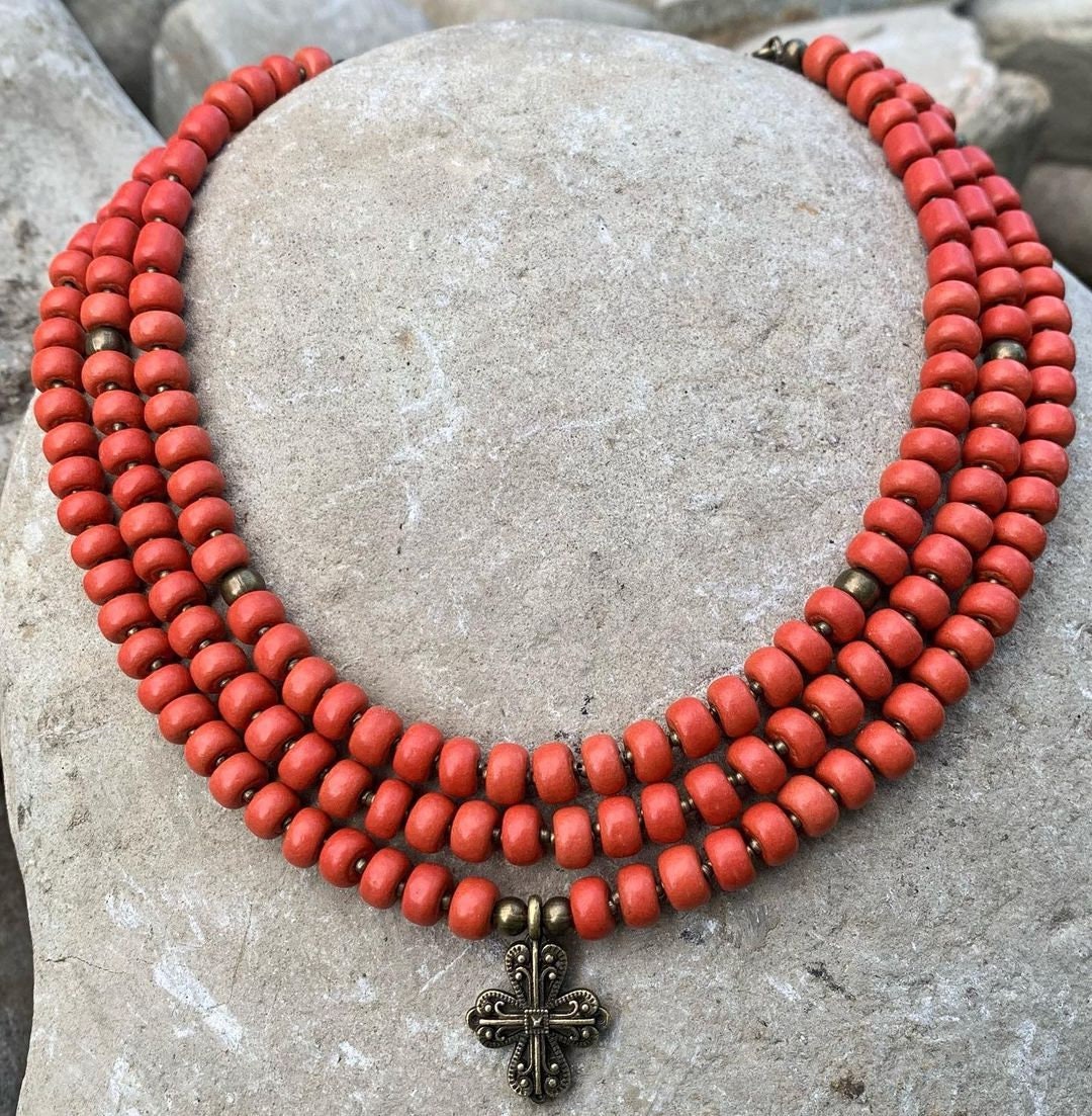 Ukrainian Traditional Cross Necklace with Antique Fireplace Beads - Ethnic Ceramic Jewelry