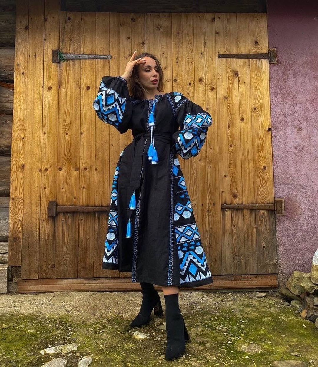 Black Linen Embroidered Ukrainian Vyshyvanka Caftan Dress