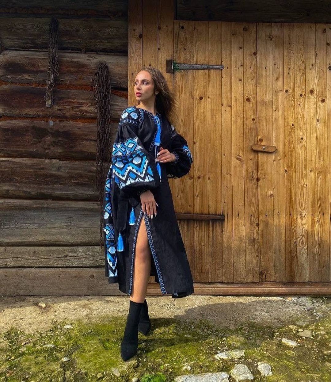 Black Linen Embroidered Ukrainian Vyshyvanka Caftan Dress