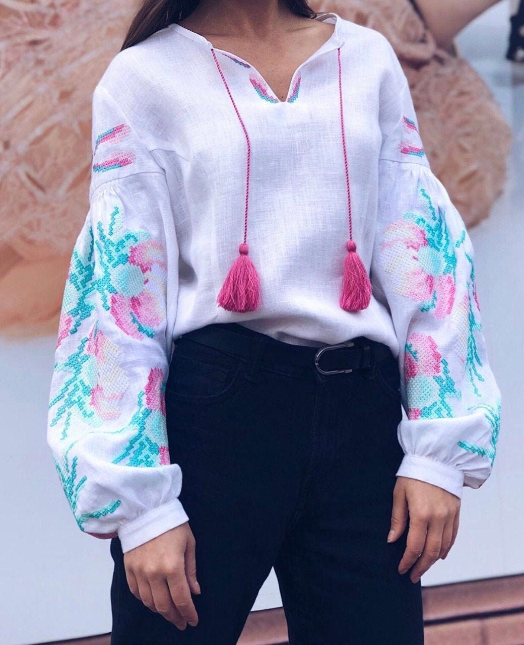 White Linen Embroidered Vyshyvanka Blouse - Ukrainian Clothing