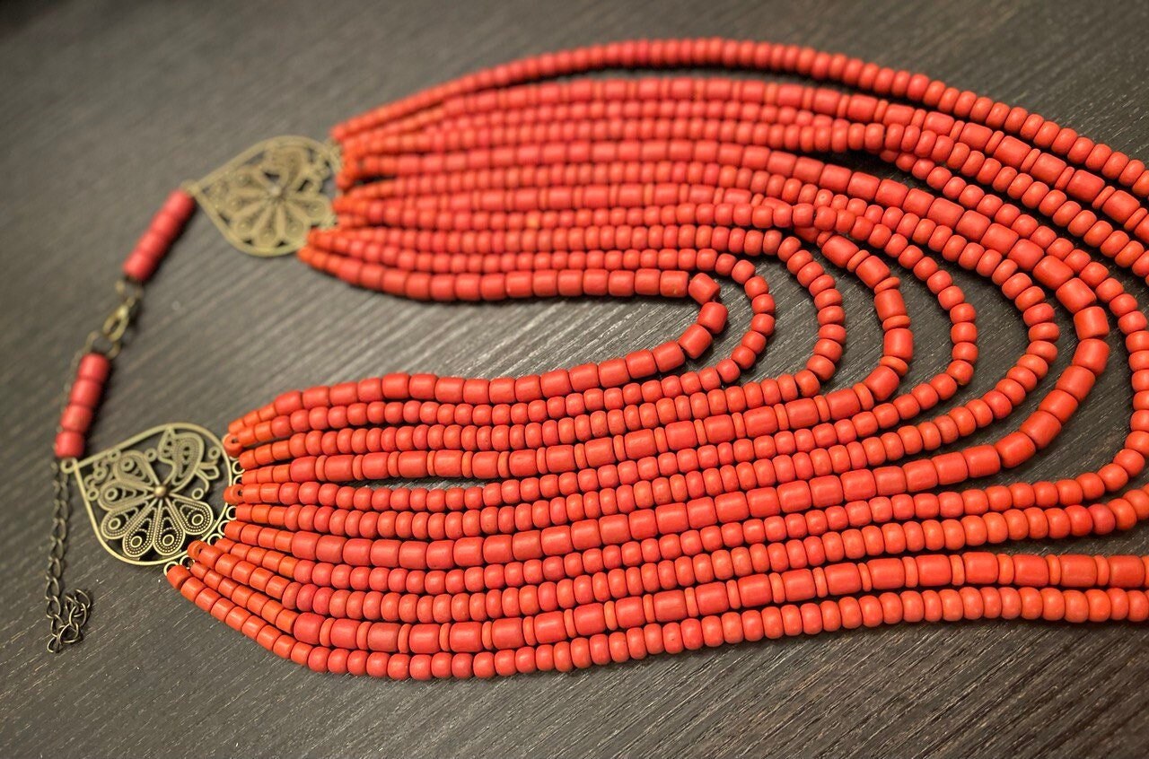 Red Ukrainian Ceramic Beaded Necklaces - Handmade Scythian-Inspired Accessories