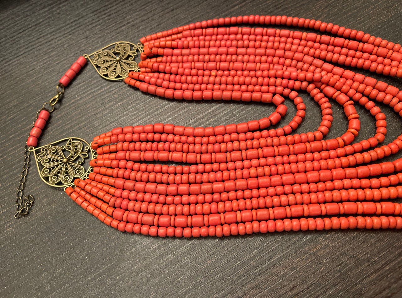 Red Ukrainian Handmade Ceramic Beaded Necklace - Scythian Style