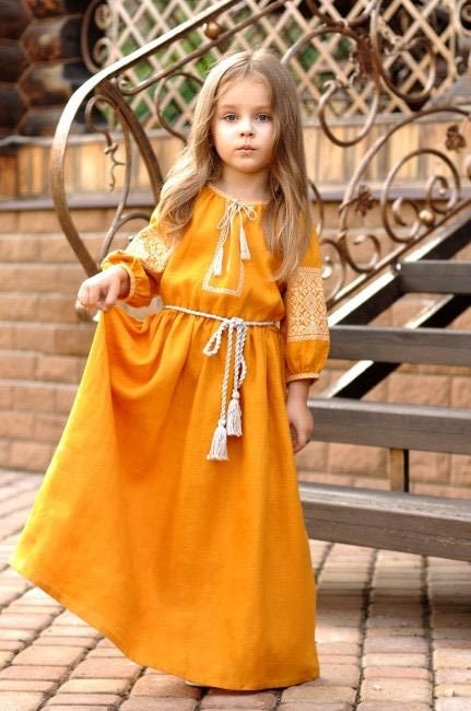 Orange Embroidered Vyshyvanka Dress for Girls - Traditional Ukrainian Homespun Canvas