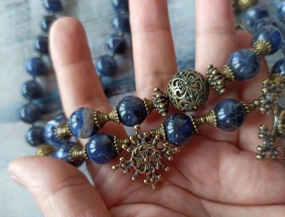 Blue Ukrainian Traditional Necklace "Magic of Ukrainian Night" - Handmade Multilayer Ceramics Jewelry